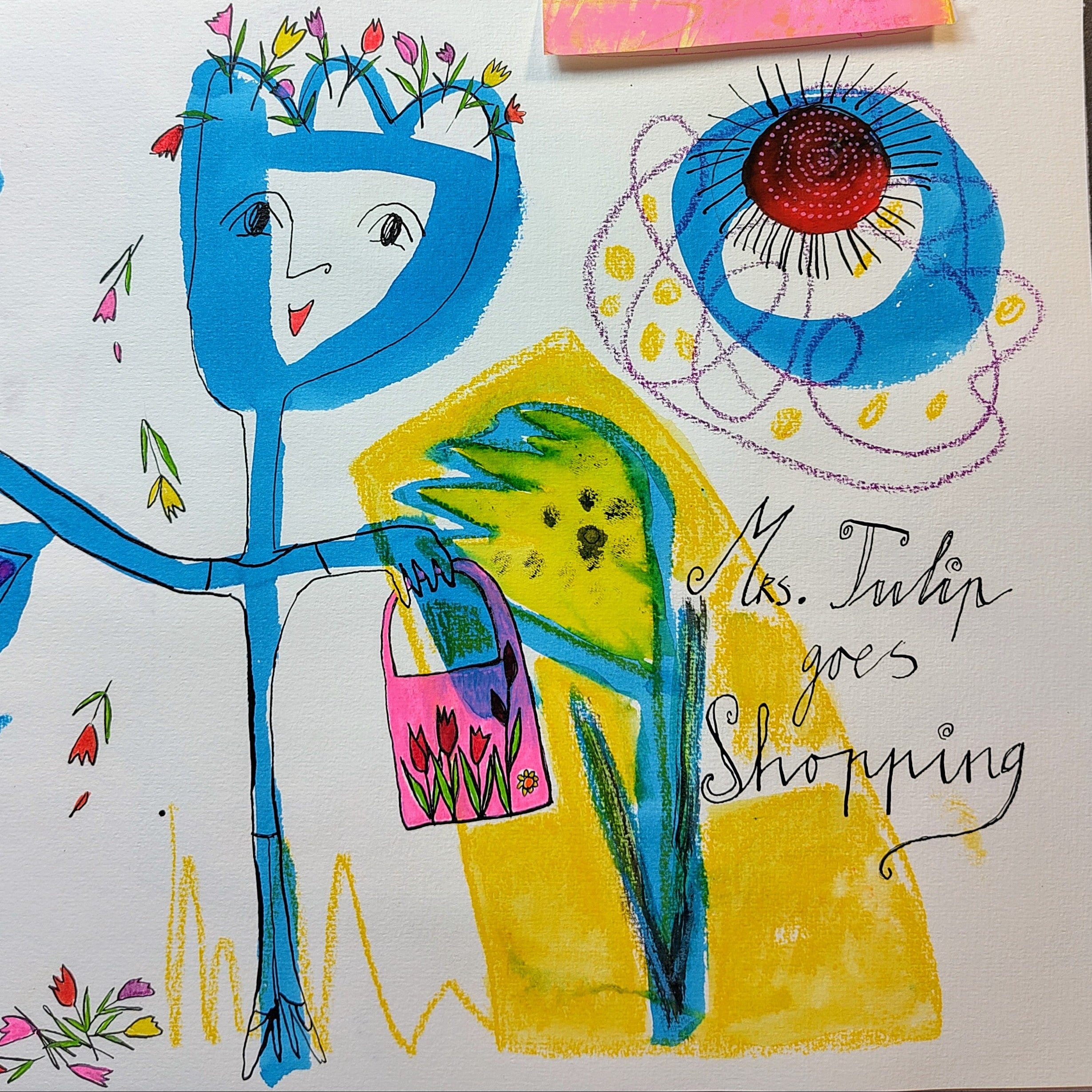 Colorful drawing of a character with blue hair and a yellow dress, holding a pink bag with flowers, tulips, on a white background.