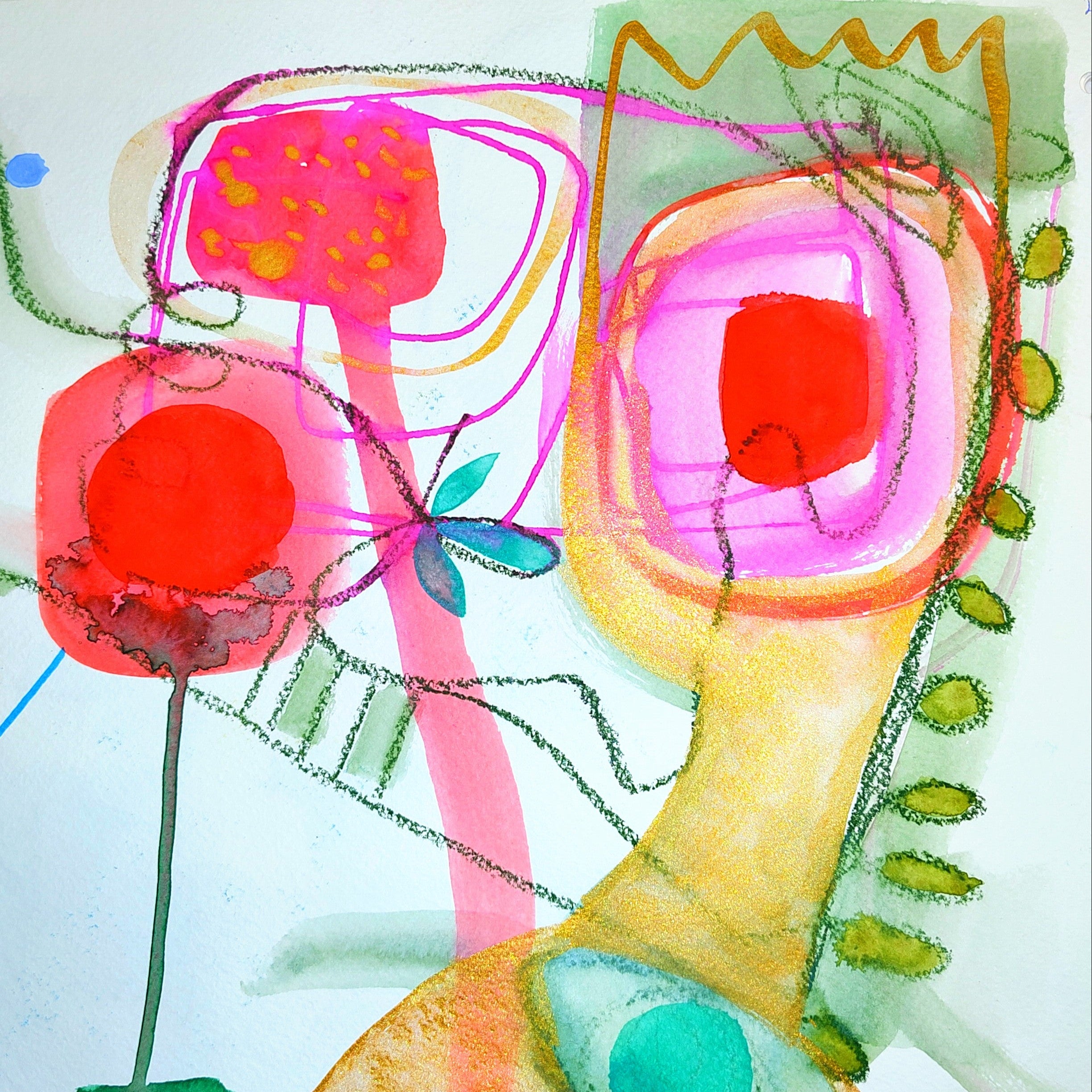 Queen with abstract artwork with colorful shapes and patterns on a white background