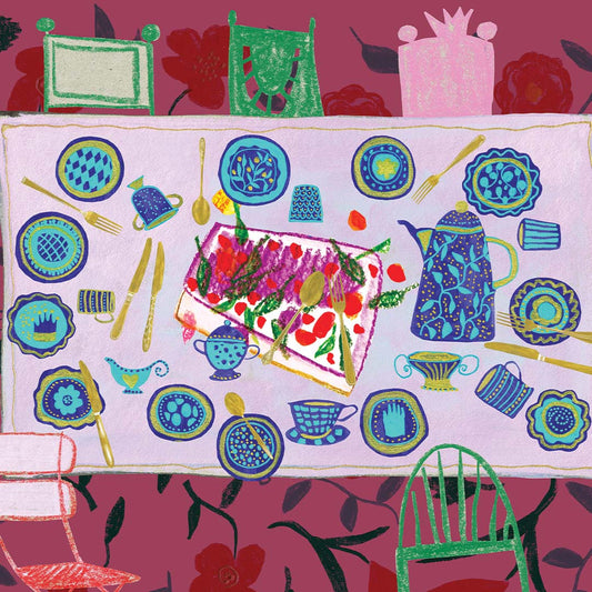 Colorful tablecloth with tea set design on a pink background with floral patterns