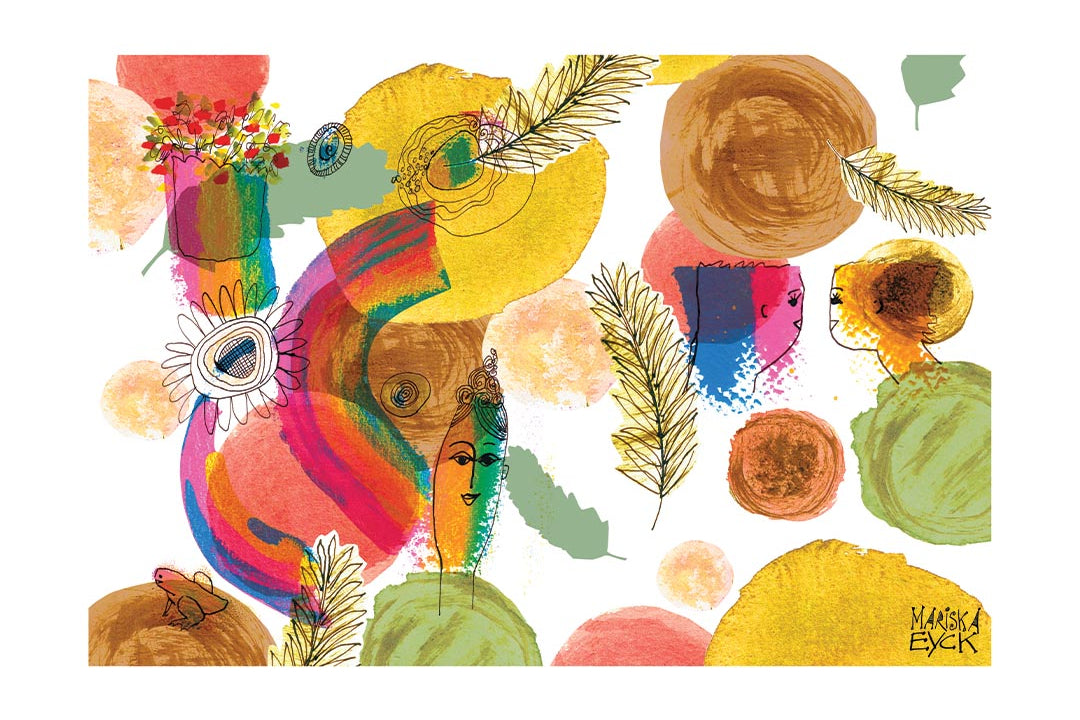An abstract collage-style artwork with layered brushstrokes, floral elements, leaves, and stylized faces in bright yellow, pink, green, blue, brown, and orange on a white background. The signature 'Marek Eyck' appears in the lower right corner.