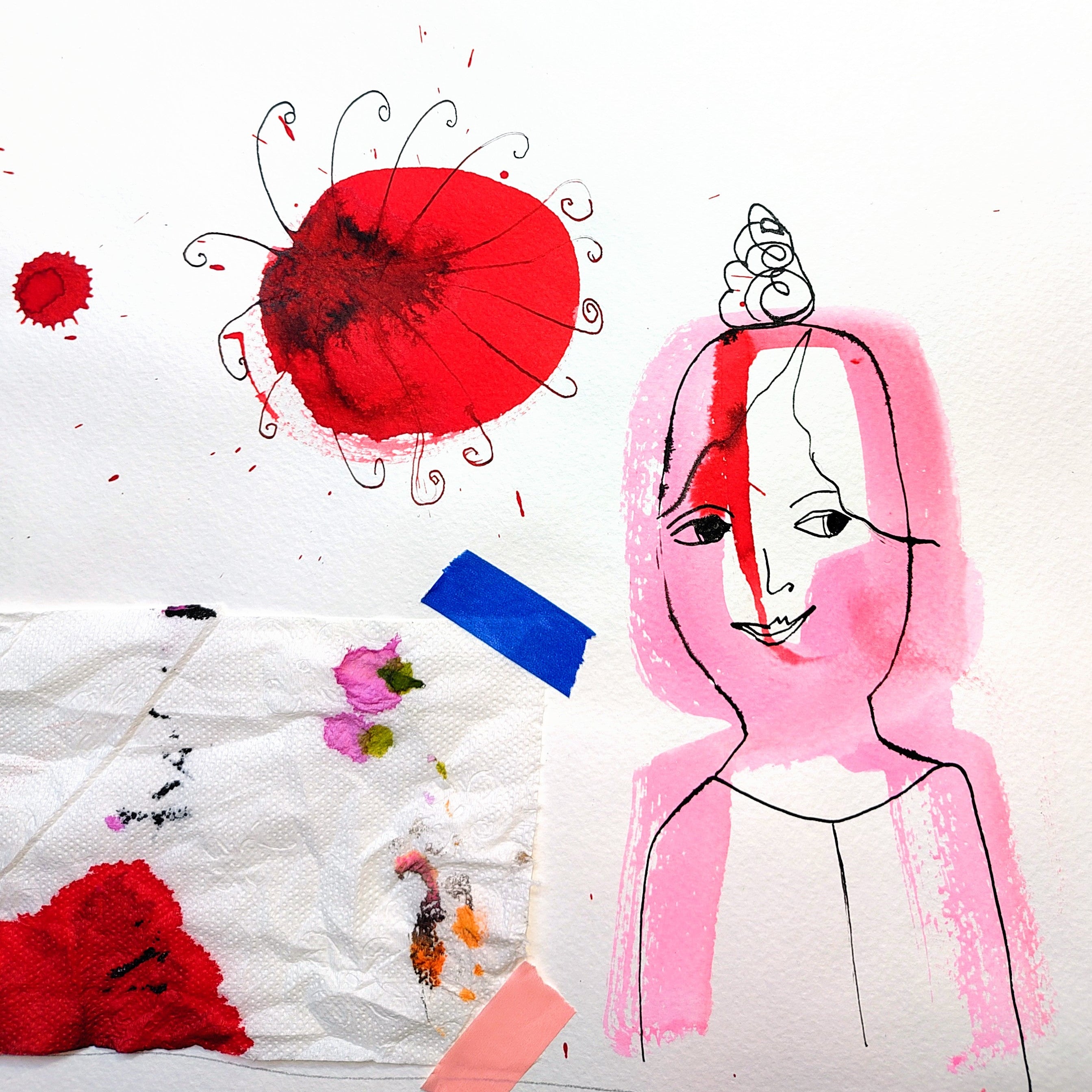 Artistic depiction of a person with pink hair and a red umbrella on a white background