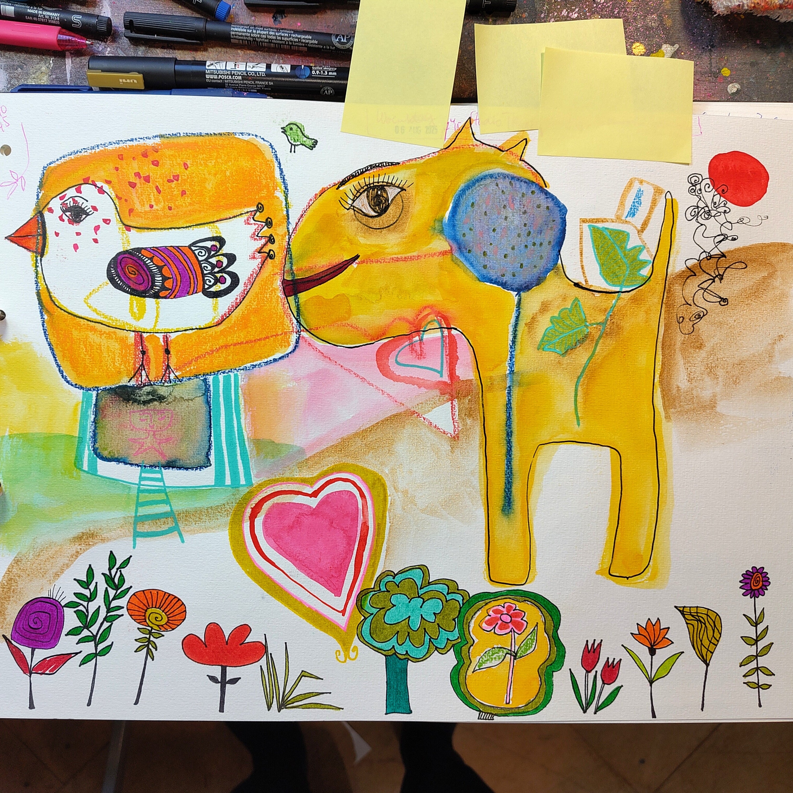 Colorful drawing of a dog and a bird with flowers and trees on a white background.