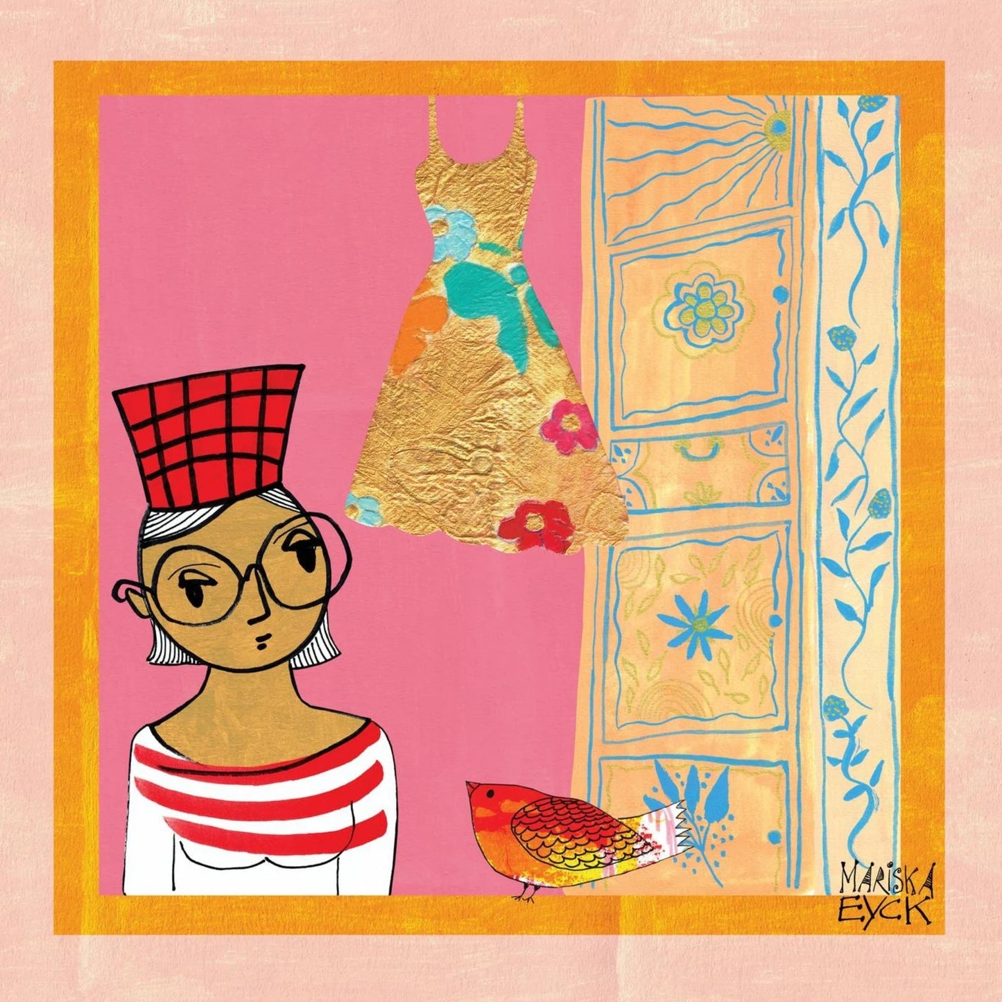 Colorful illustration of a woman with a bird, a dress and a cupboard on a pink background
