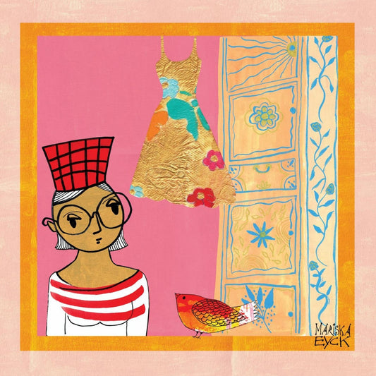 Colorful illustration of a woman with a bird, a dress and a cupboard on a pink background